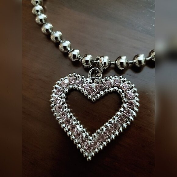 💃  Silver Balls Dog or Cat Neck chain With Heart Rhinestones Pendant 🌴 - Picture 2 of 7